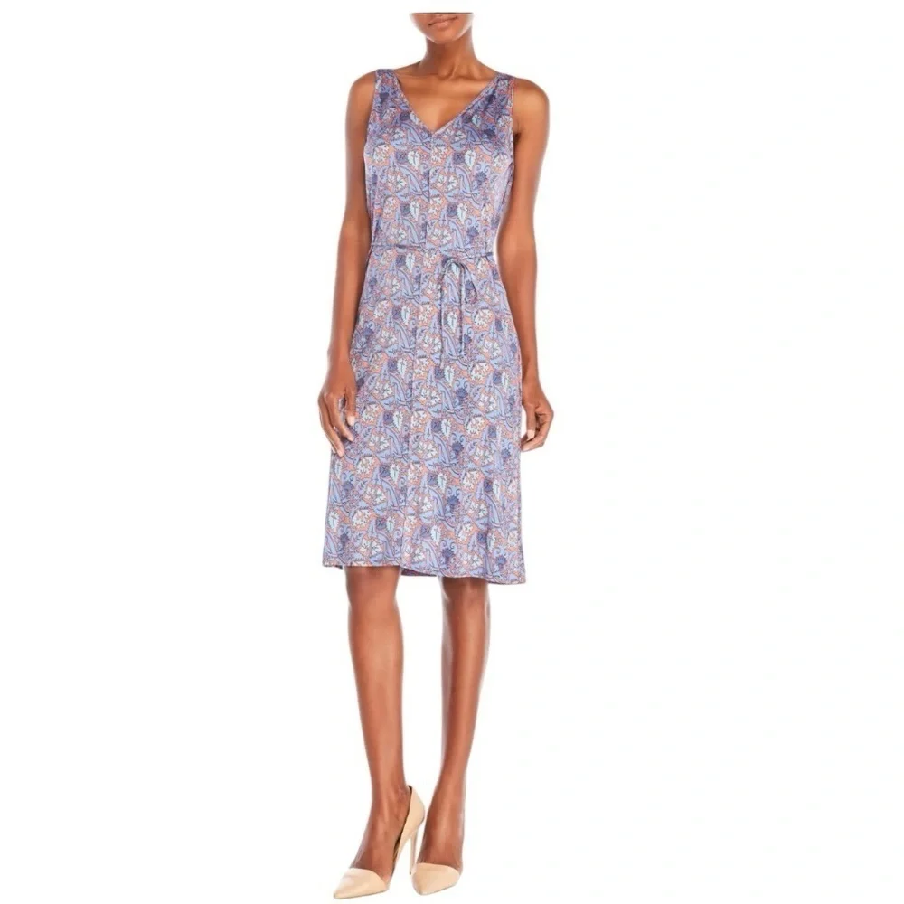 Tory Burch Dress 100% Silk Sheath Sleeveless V-Neck‎ Floral Blue and Coral Small